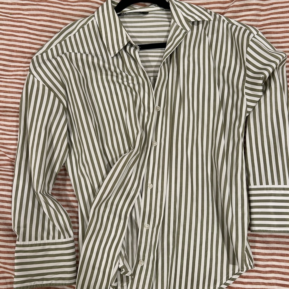 Zara Olive and White Striped Button Down Shirt